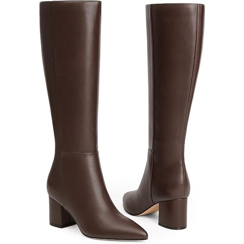 New Easyfox Womens Size 10 Brown Faux Leather 3" Block Heel Zip Knee High Boots