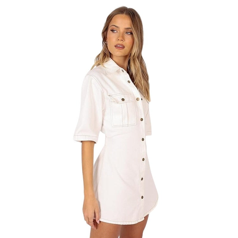 Petal & Pup Womens Size 4 White Hailey Short Sleeve Snap Up Denim Mini Dress