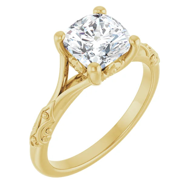 14K Yellow Gold Vintage Cushion Solitaire Ring 2CT