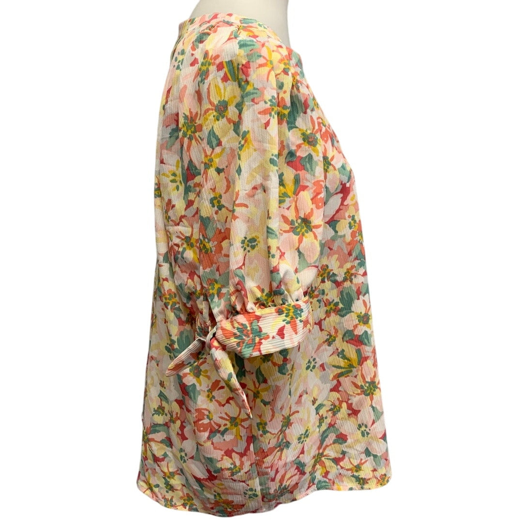 LC Lauren Conrad Womens XL Pastel Floral Cottage Core Tied Sleeve Button Up Top