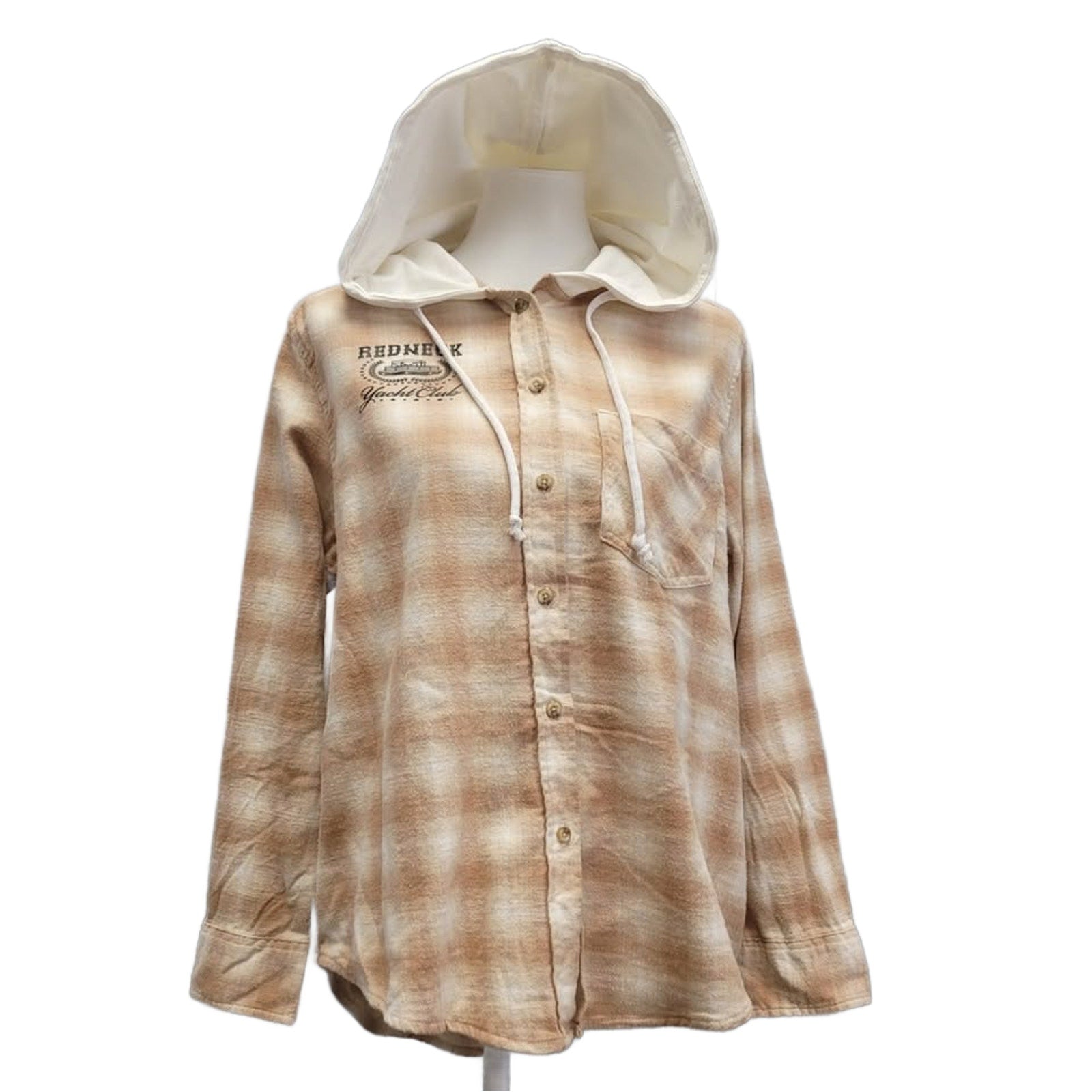 New Hand Printed Womens Small Redneck Yacht Club Long Sleeve Flannel Hoodie