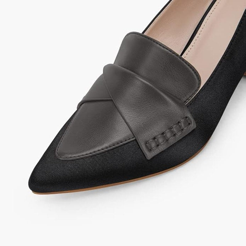 Coutgo Womens 8.5 Black Satin Gray 3" Chunky Block Low Heel Retro Loafer Shoes