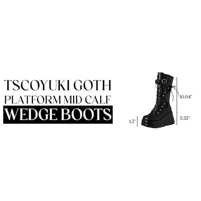 Tscoyuki Women Size 7 Black 3.5" Platform Lace Up Goth Wedge Mid Calf Boot Shoes