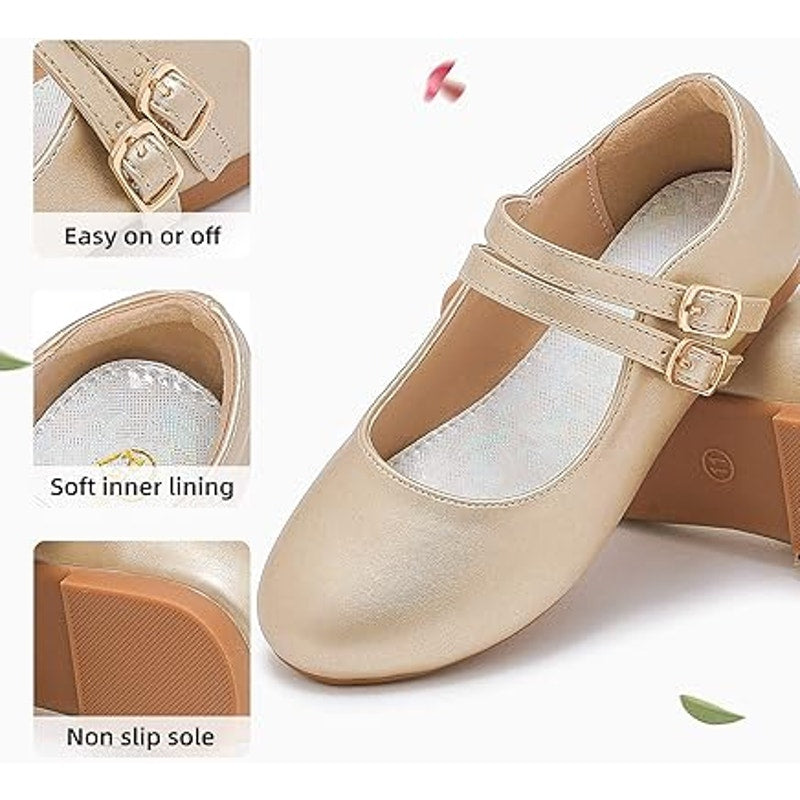 Parrosoo Toddler Girls Size 8 Matte Gold Flats Latch & Hook Close Dress Shoes