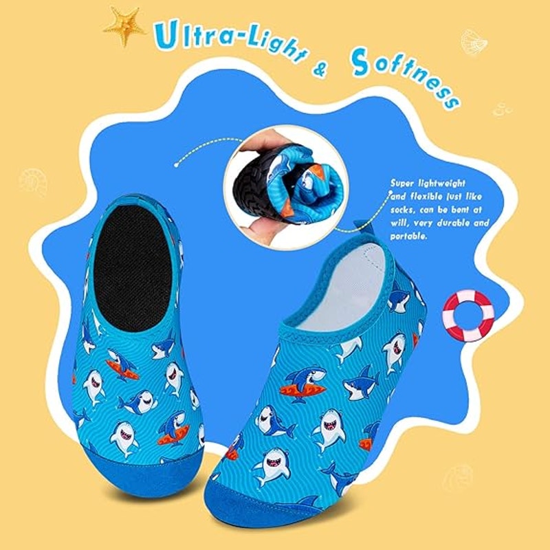 WateLves Kids Size 1 Blue Shark Slide On Barefoot Quick Dry Aqua Water Shoes
