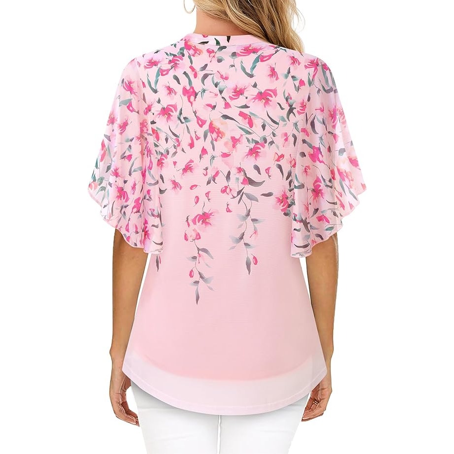 NWT New Timeson Womens Large Floral Flowy Short Sleeve V Neck Layered Blouse