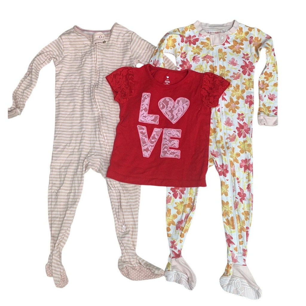 Lot of 3 Baby Girls 24 Months One Piece Zip Up Sleepers Love Short Sleeve Top
