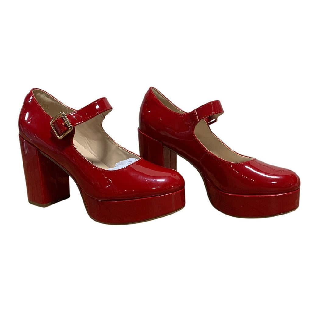 Coutgo Womens Size 9 Red 4" Heels Mary Jane Round Closed Toe Buckle Strap Shoes