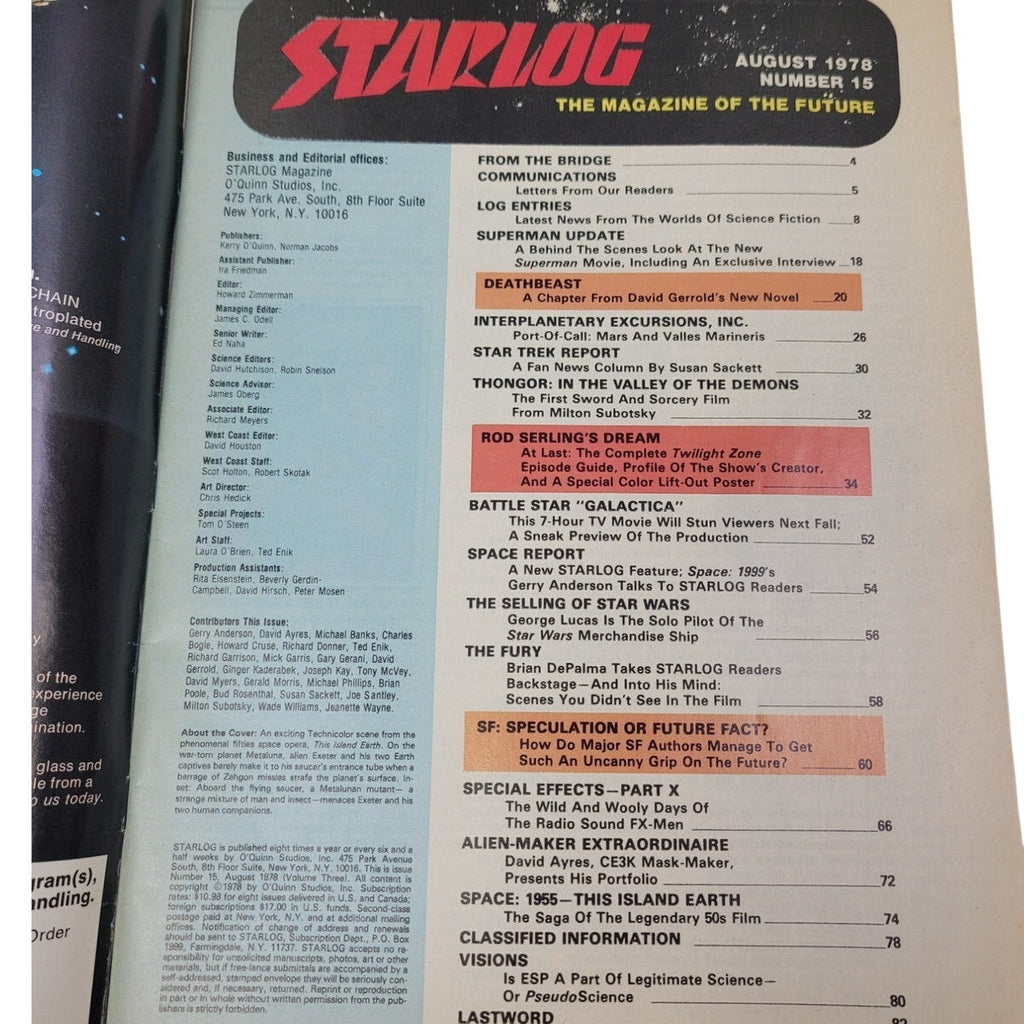Vintage August 1978 Starlog The Magazine of the Future Number 15 Island Earth
