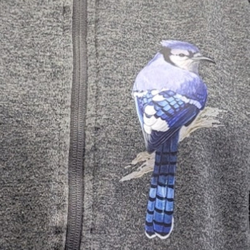 Hand Printed Upcycled Womens Medium Blue Jay Bird Long Sleeve Hoodie Jacket