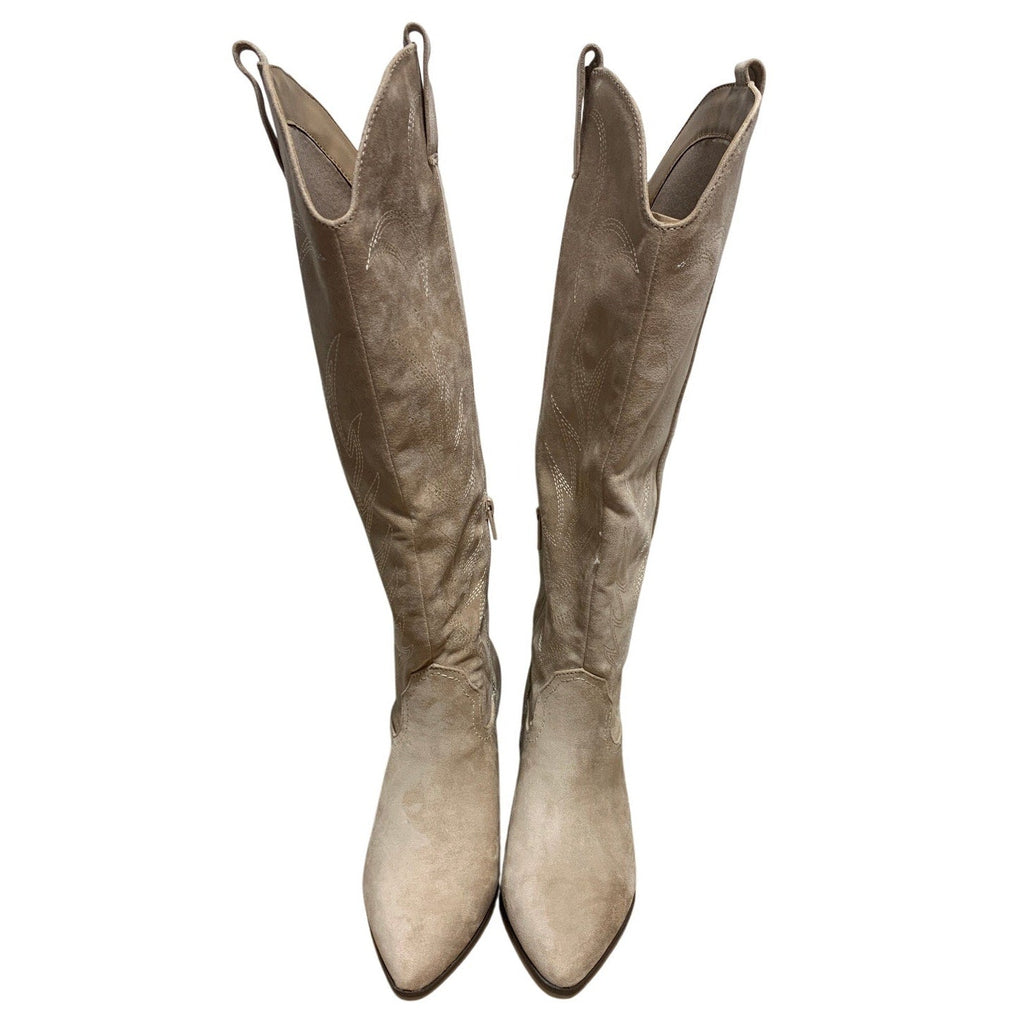 New Women Size 8.5 Tan Faux Suede Embroidered 2" Block Heel Cowboy Cowgirl Boots