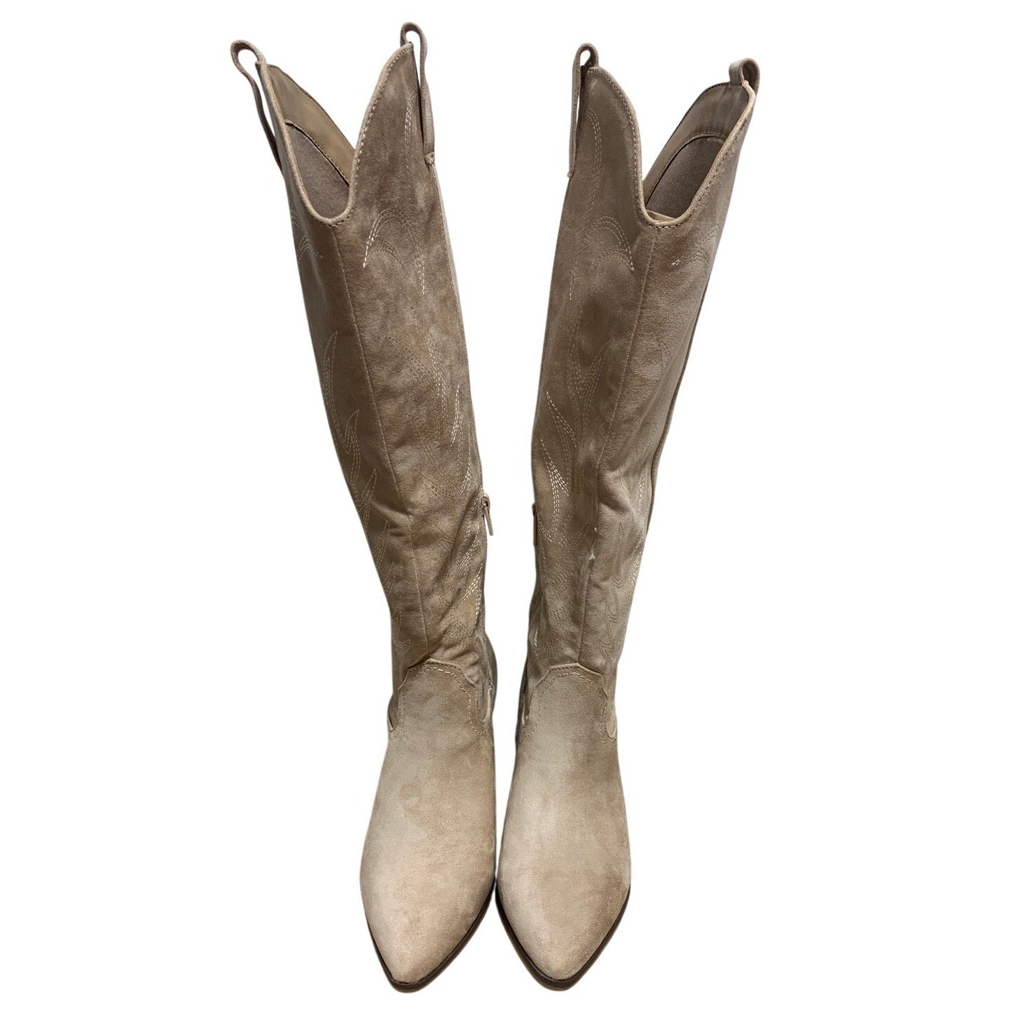 New Women Size 8.5 Tan Faux Suede Embroidered 2" Block Heel Cowboy Cowgirl Boots