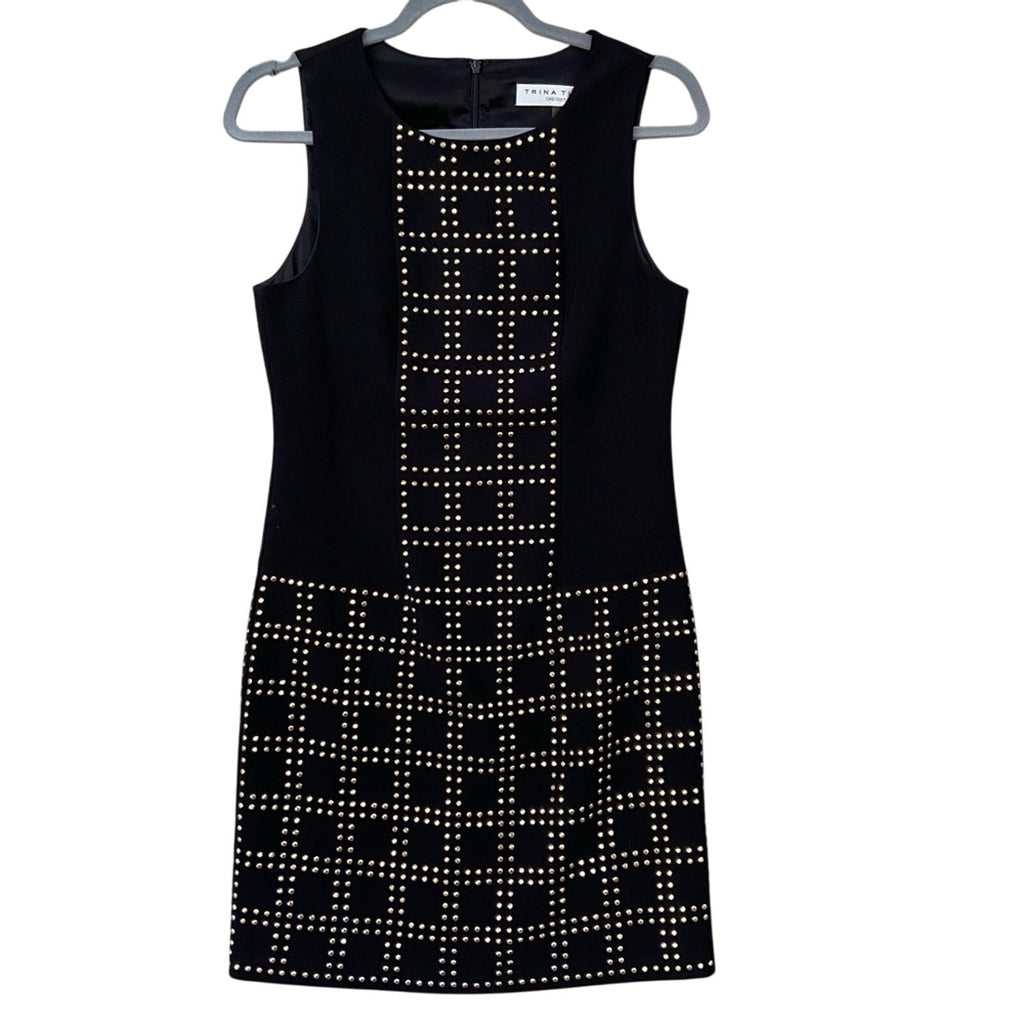 Trina Turk Womens Size 2 Black Shift Midi Gold Stud Sleeveless Sheath Dress