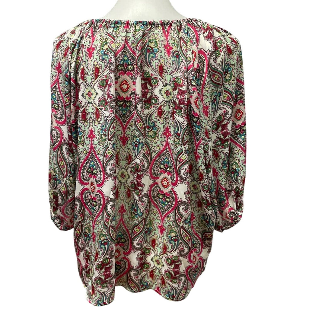 NY Collection Womens Medium Short Blouson Sleeve Paisley Polyester Blouse Top
