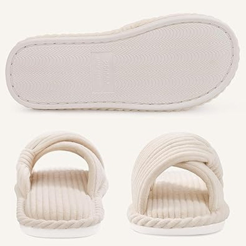 Evshine Womens Size 8/9 Cream Soft Corduroy Bow Slide On Open Toe Slipper Shoes