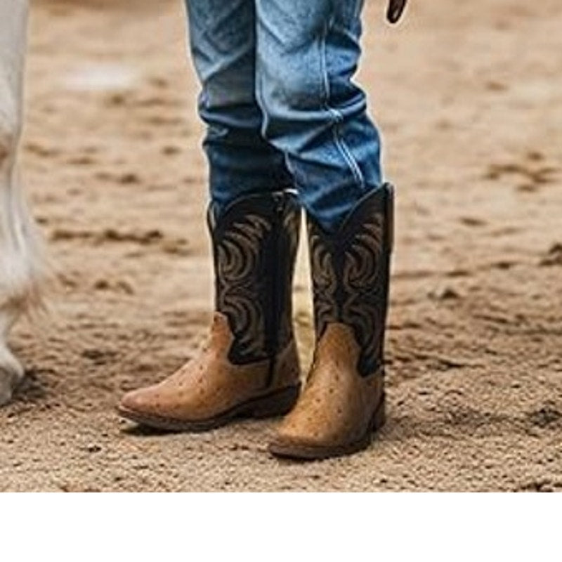 Rollda Boy Size 2 Black Tan Faux Leather Ostrich Square Toe Pull On Cowboy Boots