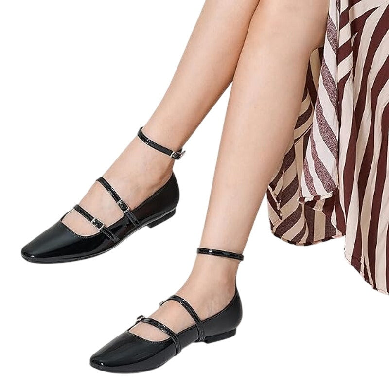 Trary Womens Size 6.5 Black Flats Closed Square Toe Ankle Buckle Straps Shoes