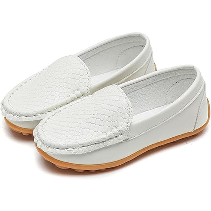 New Fudaolee Baby Boy Size 5 White Faux Leather Slip On Non Skid Loafer Shoes