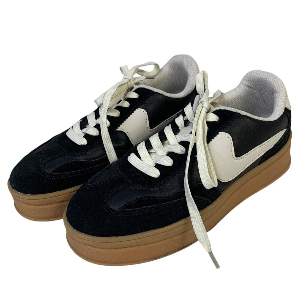 Lucky Step Womens 8 Black 1.5" Platform Sneakers Lace Up Round Close Toe Shoes