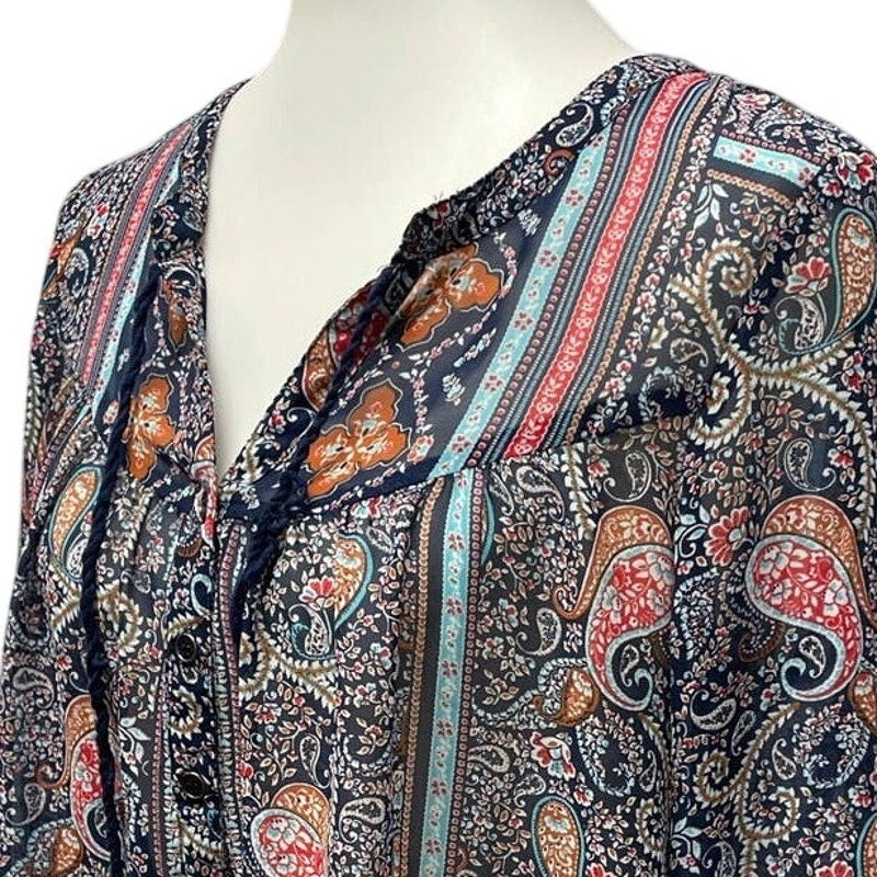 DR2 Small Long Sleeve Sheer Boho Paisley Front Tie Floral Polyester Top Blouse