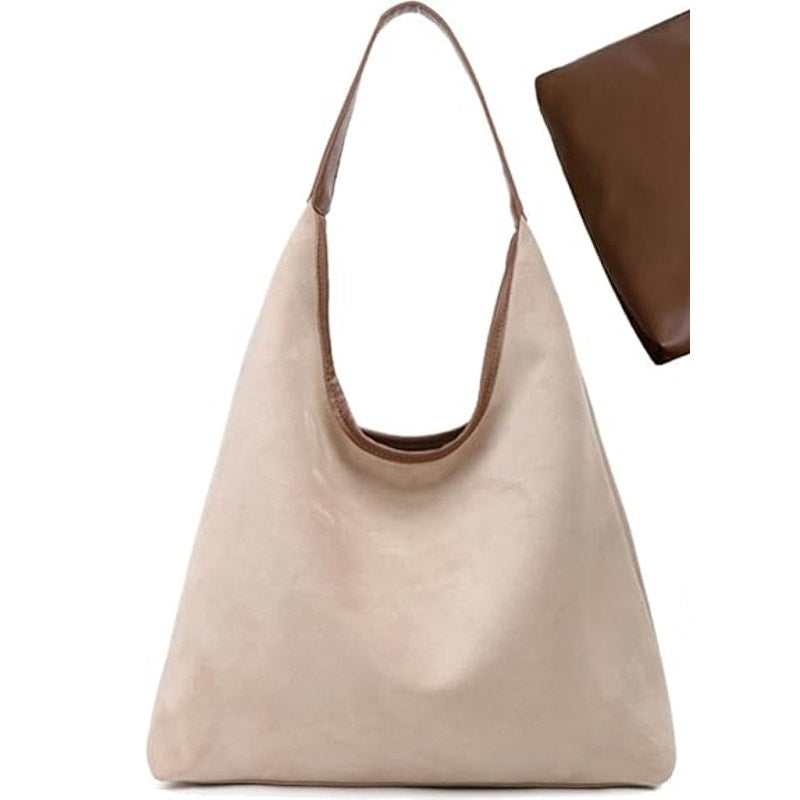 Womens Beige Suede Magnetic Closure Hand Bag w Small Brown Faux Leather Bag