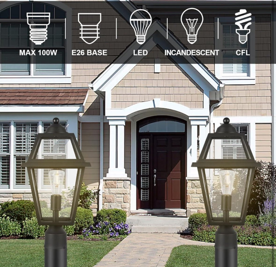Large Outdoor Post Light Fixture, Colonial Exterior Pillar Lantern with Black Finish & Clear Glass, Vintage Pier Mount Pole Light Lamp for Garden, Bac