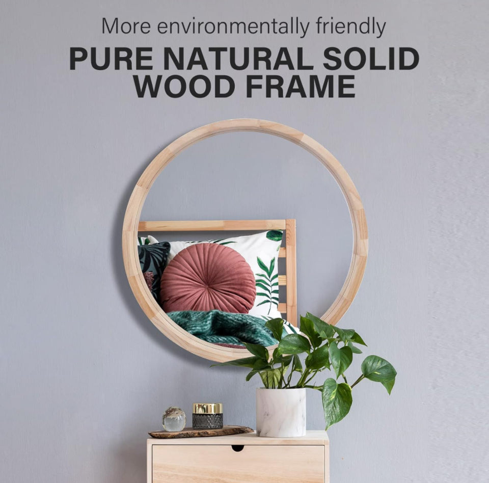 CONGUILIAO Round Mirror, 30 Inches Wood Mirror, Wall Mirror Decorative Circle Mirror, Nature Big Bathroom Large Vanity Mirror Farmhouse Mirror for Liv