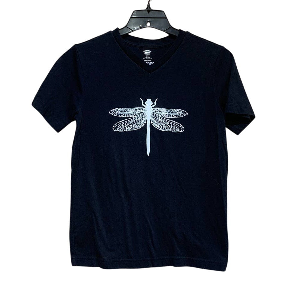 Hand Printed Upcycled Child Large (10/12) Dragonfly Short Sleeve V-Neck Tee