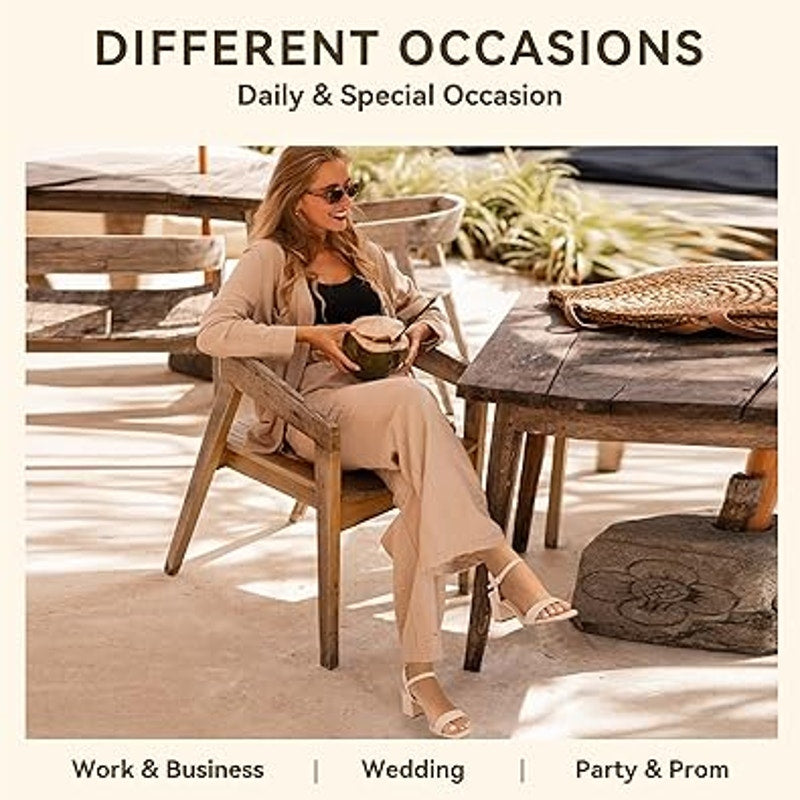 Idifu Womens Size 7 Tan Nude 3" Block Heel Open Toe Ankle Strap Sandal Shoes
