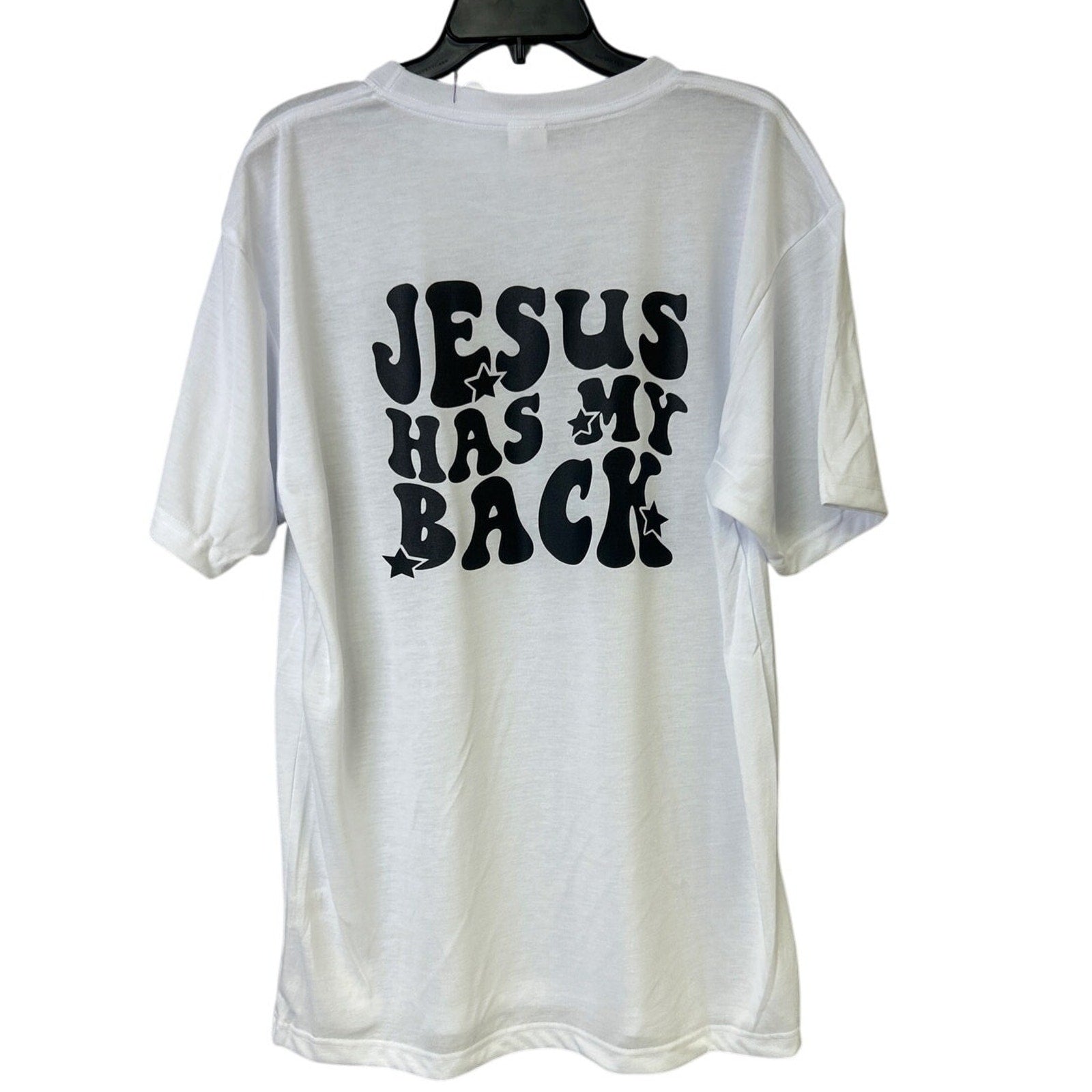 New Hand Printed Mens 3XL White Jesus Has My Back Short Sleeve Crew Tee Shirt