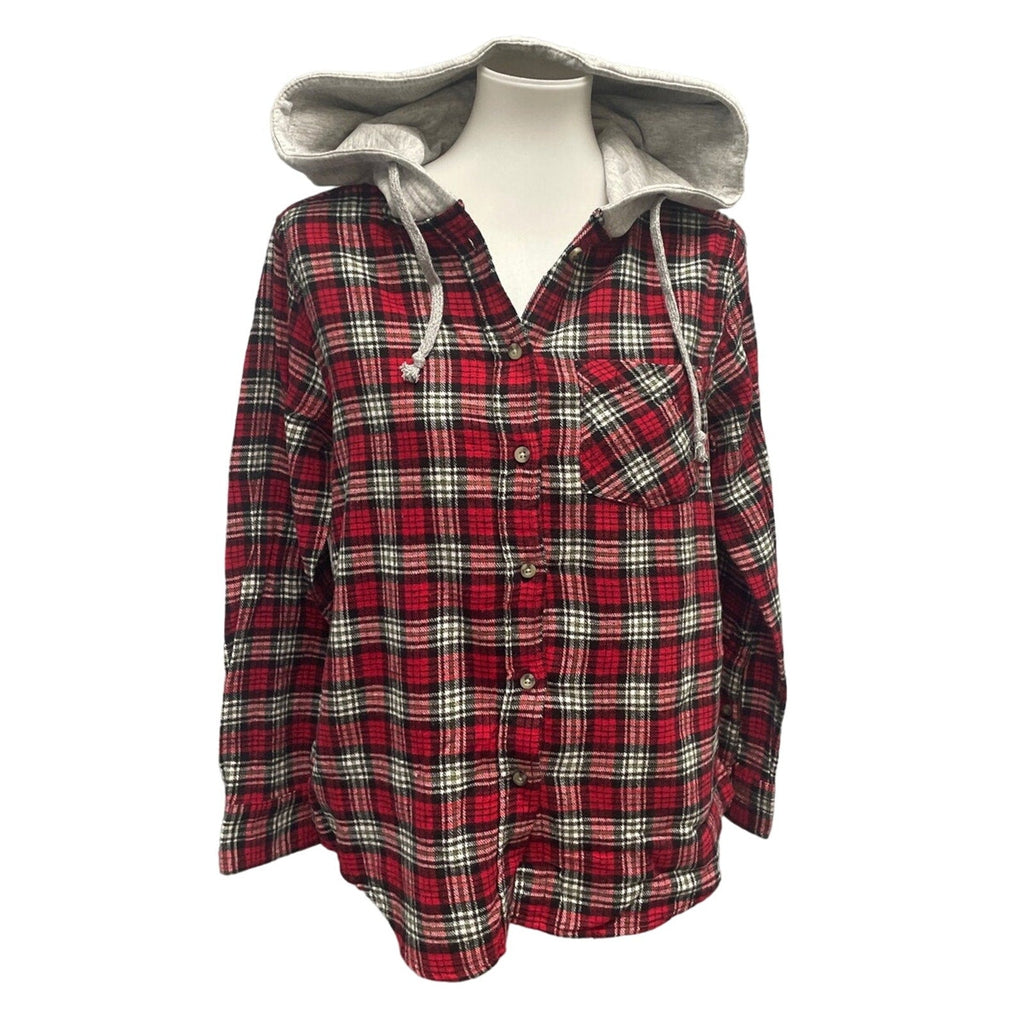 New Time and Tru Womens Medium Long Sleeve Plaid Flannel Cotton Blend Hoodie