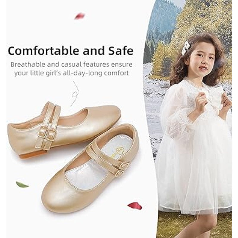 Parrosoo Toddler Girls Size 8 Matte Gold Flats Latch & Hook Close Dress Shoes