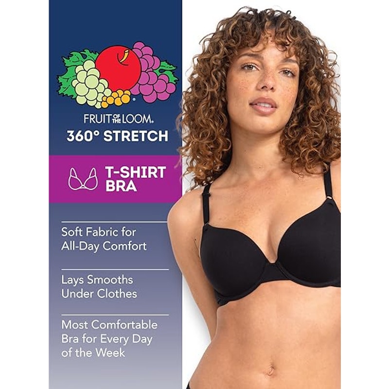 New 3-Pack Fruit of the Loom Womens 36C Black White Smooth Cotton T-Shirt Bras