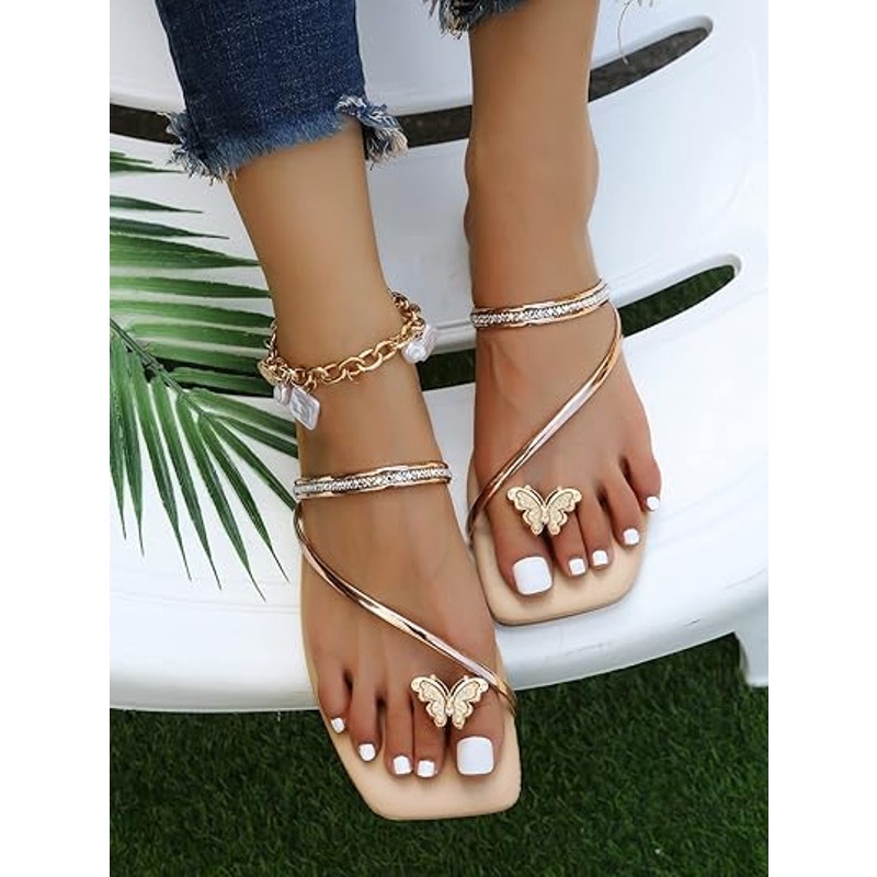 Gorglitter Womens 8.5 Butterfly Toe Strap Rhinestone Slide On Flip Flop Sandals