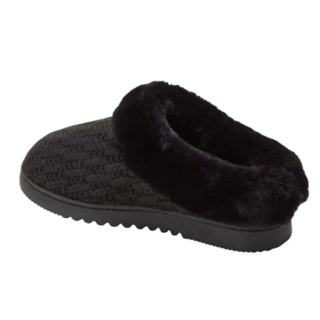 Dearfoams Womens Large 9/10 Black Faux Fur Lined Knit Slide On Slippers w Box