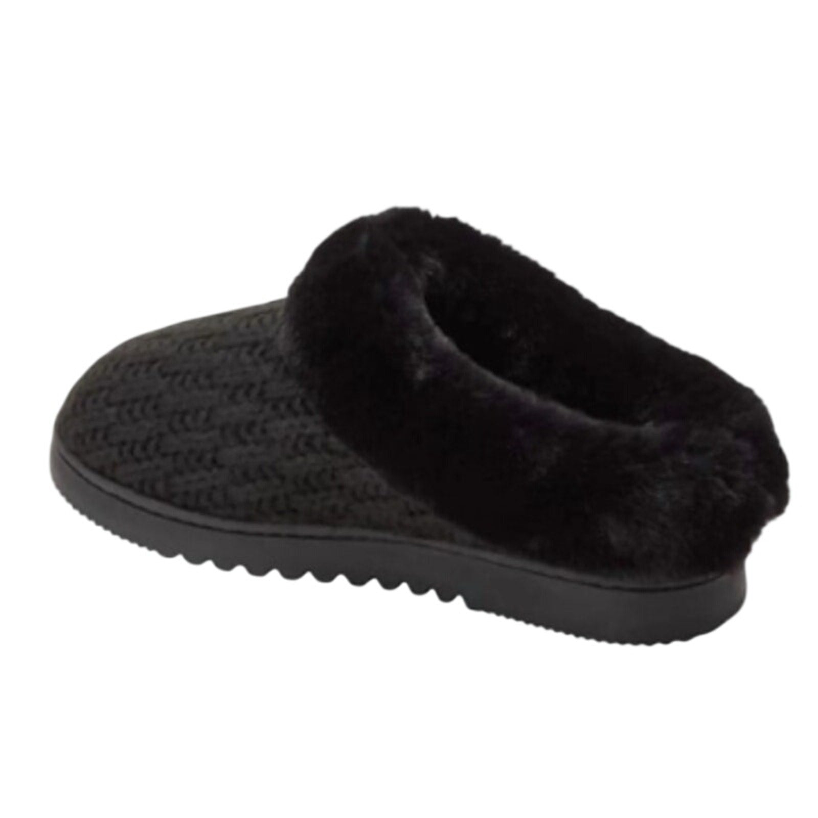 Dearfoams Womens Large 9/10 Black Faux Fur Lined Knit Slide On Slippers w Box