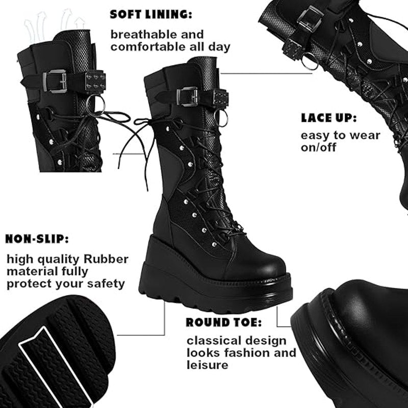 Tscoyuki Women Size 7 Black 3.5" Platform Lace Up Goth Wedge Mid Calf Boot Shoes
