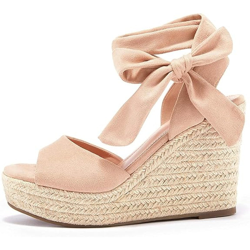 Fashare Womens Size 8 Beige 4" Wedge Heel Open Toe Ankle Tie Lace Up Shoes