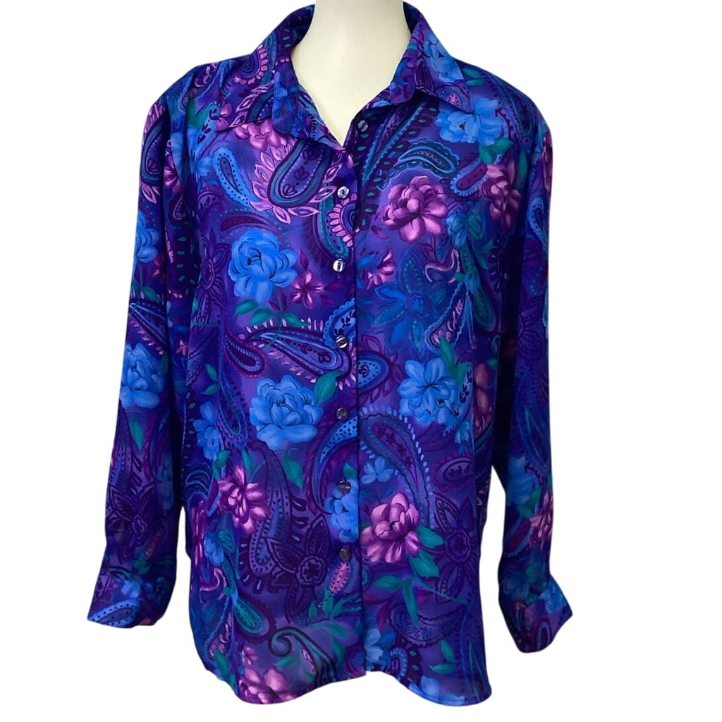Bon Worth Petite Large Long Sleeve Floral Paisley Polyester Button Up Blouse Top