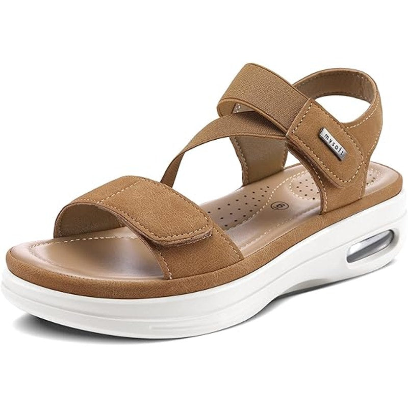 Mysoft Womens Size 6 Brown Hook Loop Strappy Summer Air Cushion Walking Sandals