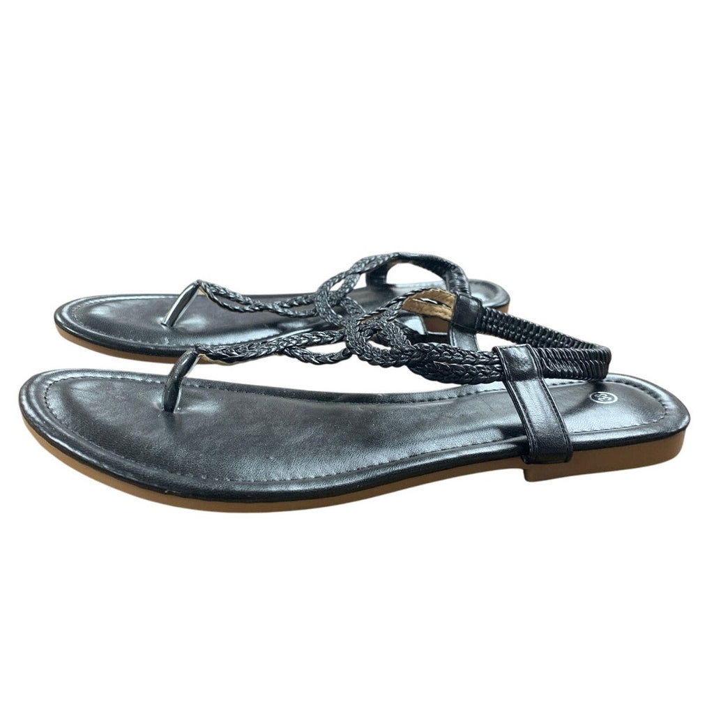 Womens Size 7.5 Black Flats Sandals Braided T Strap Round Open Toe Shoes