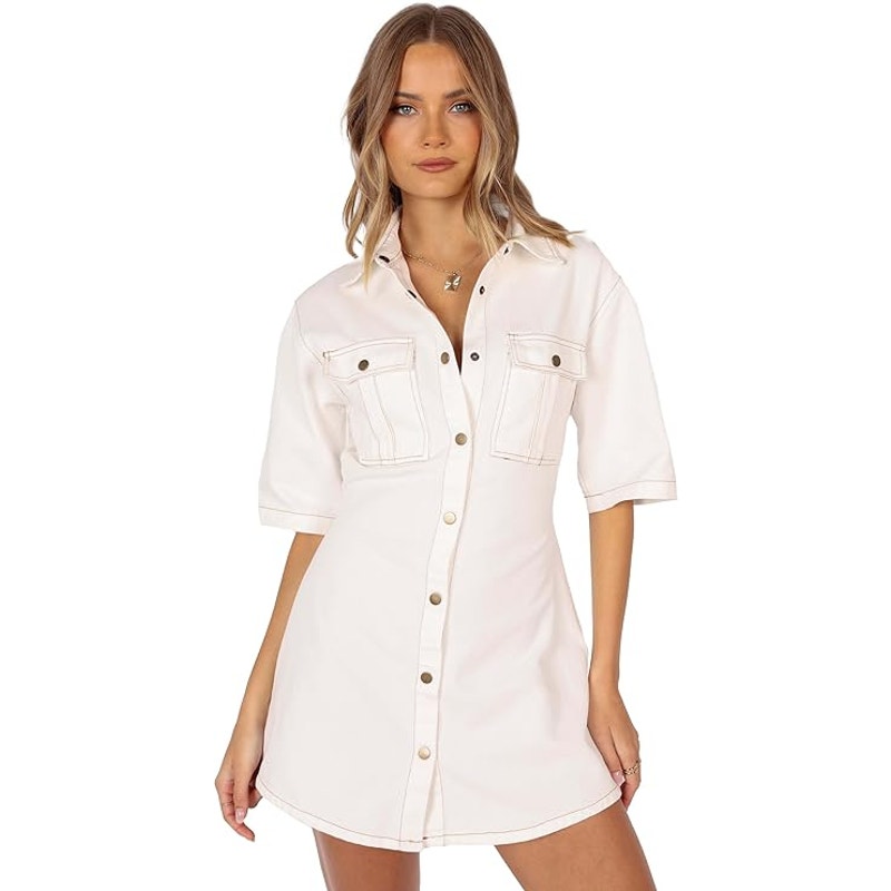 Petal & Pup Womens Size 4 White Hailey Short Sleeve Snap Up Denim Mini Dress