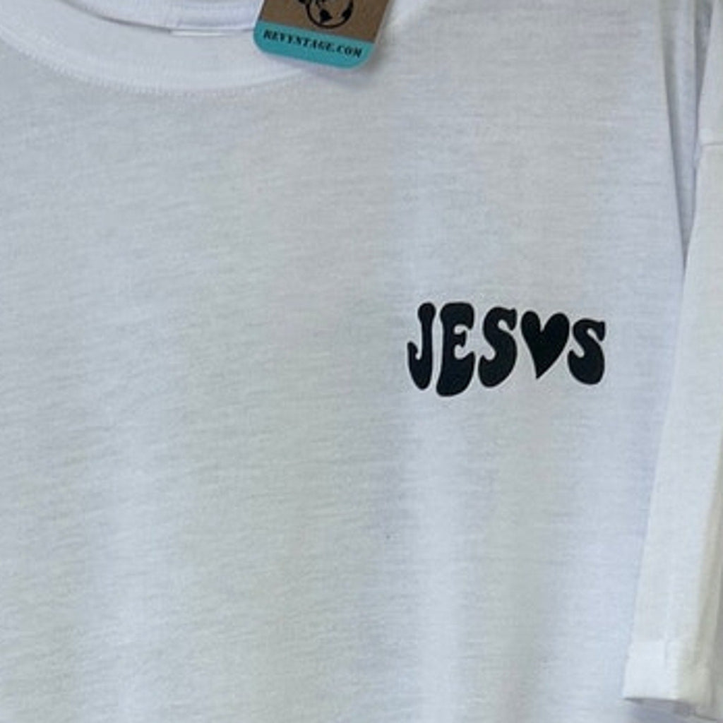 New Hand Printed Mens 3XL White Jesus Has My Back Short Sleeve Crew Tee Shirt