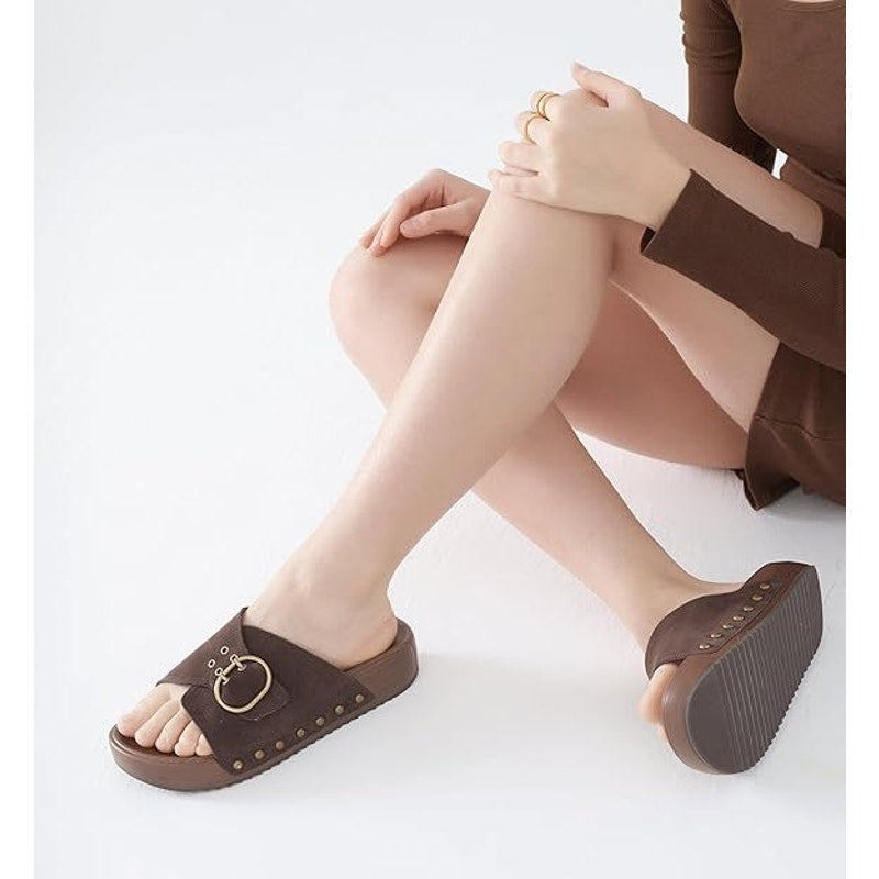 New Ubfen Womens 6.5 Brown Faux Suede Slide On Buckle Cushioned Platform Sandals