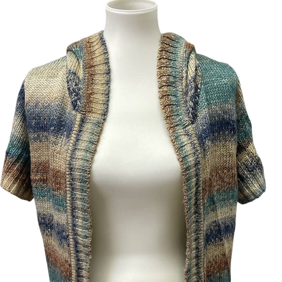 Dress Barn Womens Medium Short Sleeve Striped Knit Open Cardigan Hooded Sweater