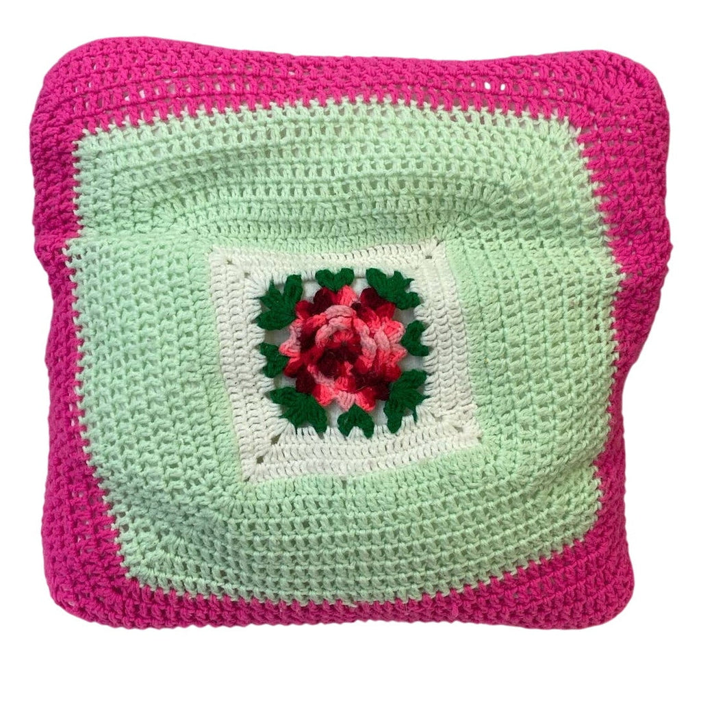 Handmade Vintage 1970s Hand Crocheted 22" Square Rosette Large Throw Pillow