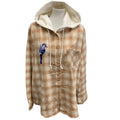 New Hand Printed Womens Medium Blue Jay Bird Plaid Flannel Long Sleeve Hoodie