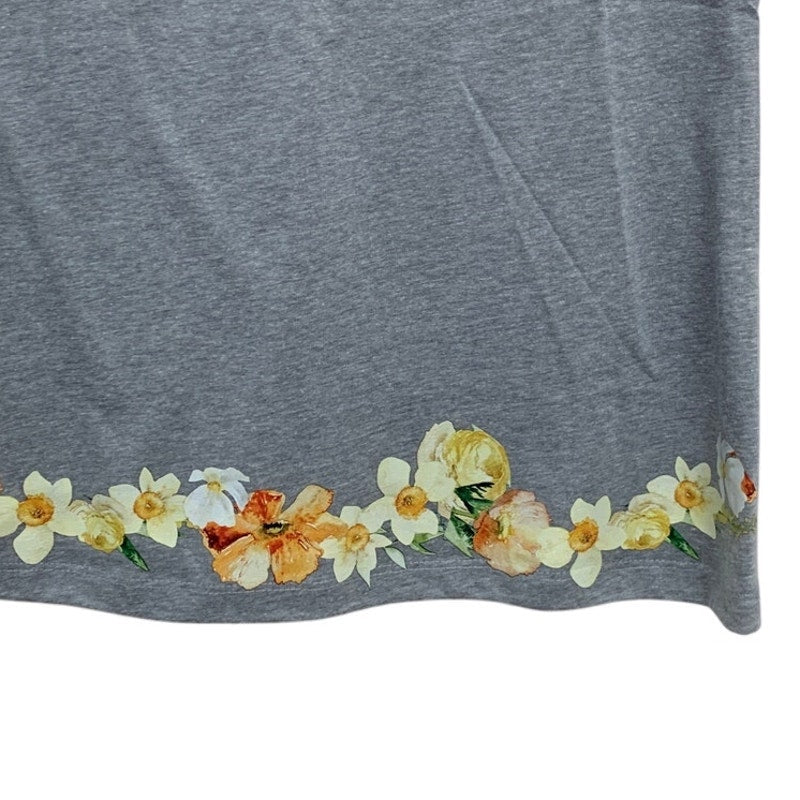 New Hand Printed Medium Heathered Gray Floral Wrap Around Short Sleeve Tee Shirt