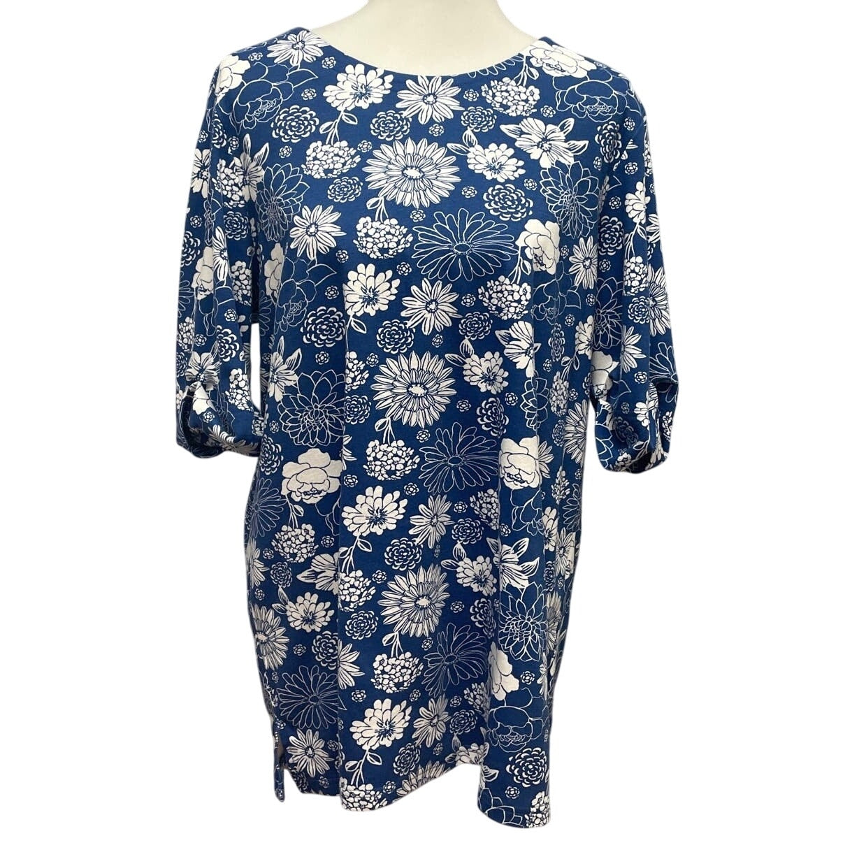 Blair Womens XL Blue White Floral Short Sleeve Cotton Blend Long Tee Shirt Tunic