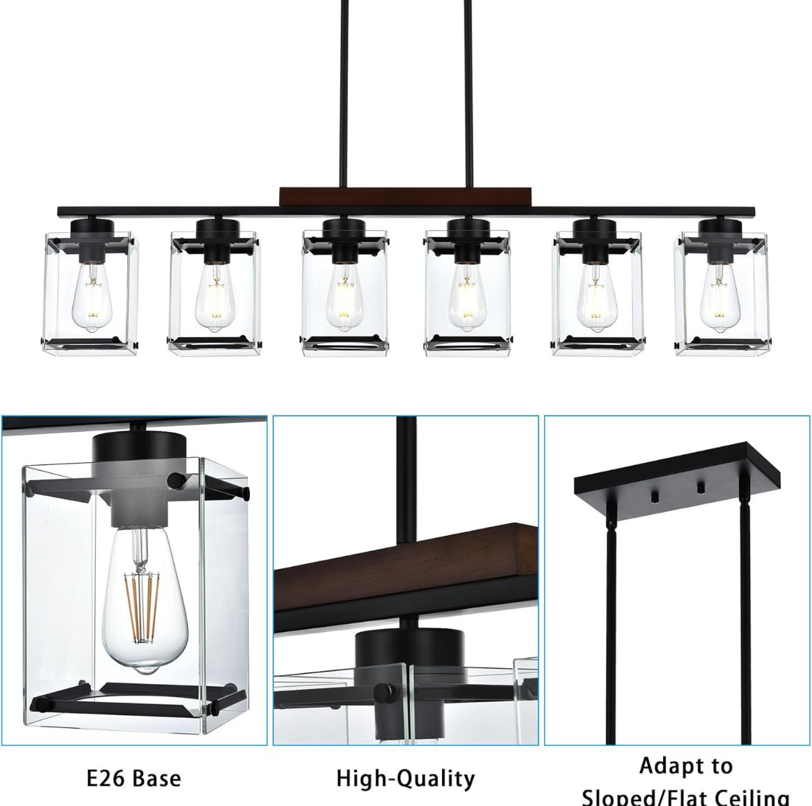 TULUCE 6 Light Farmhouse Chandelier Lighting Vintage Pendant Lighting Clear Glass Shade Flush Mount Lighting Fixture Black Pendant Lamp for Entryways,